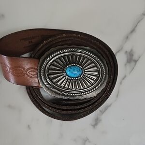 American Eagle Outfitters Brown Belt with Silver and Turquoise Buckle. Size XL.